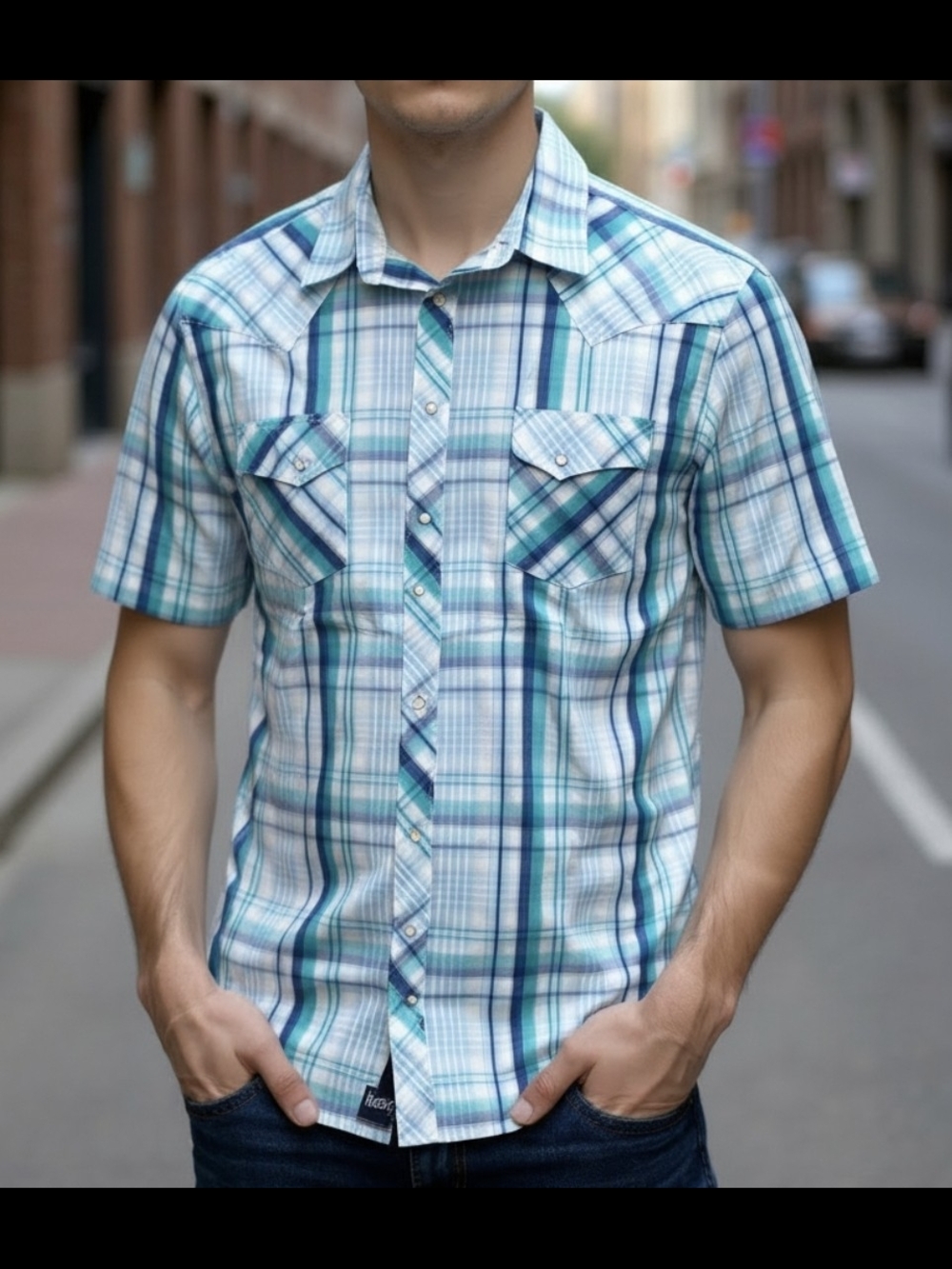 Wrangler Men’s Short-Sleeve Plaid Button-Down Shirt - Blue & Teal